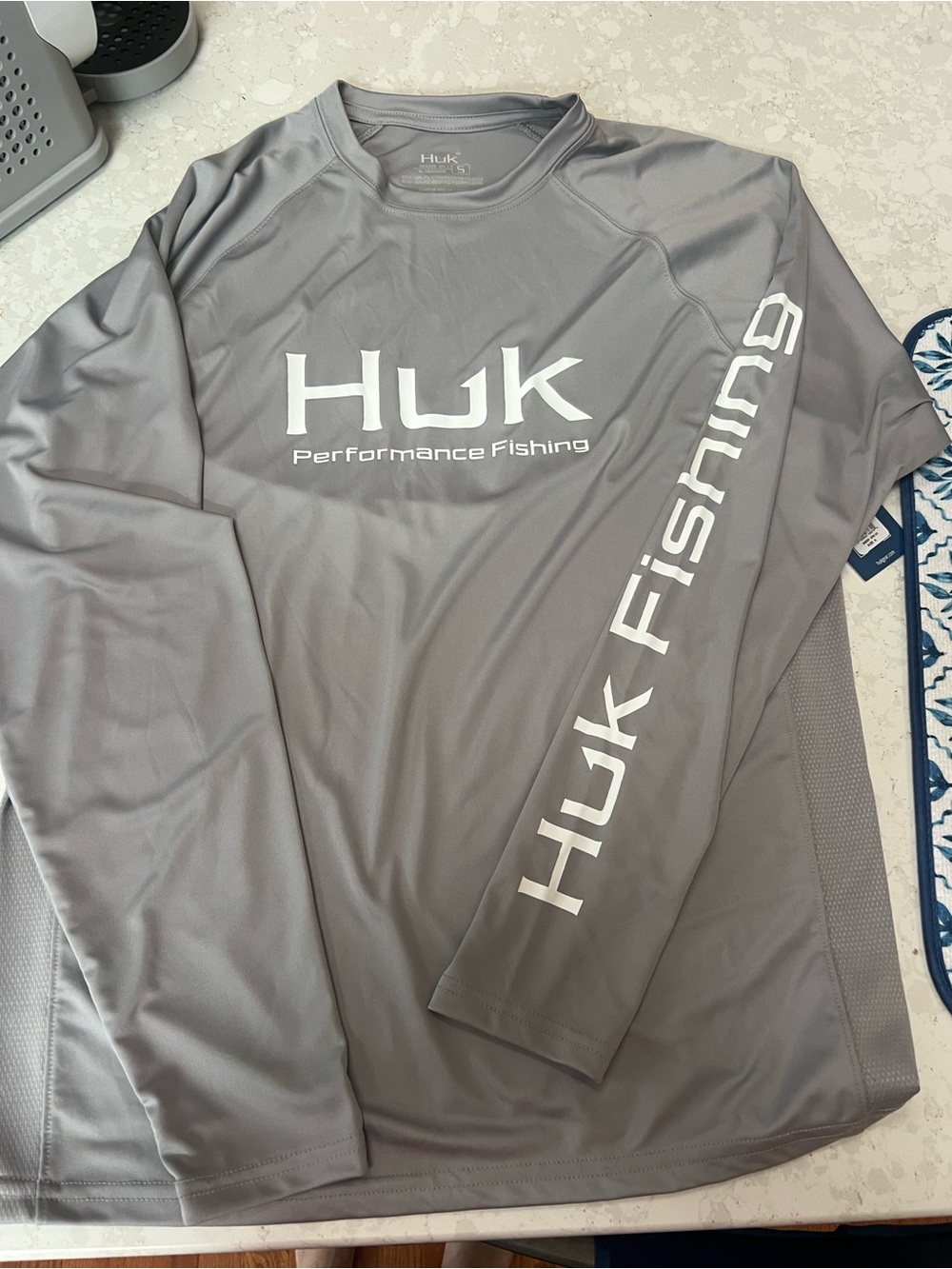 Huk Gray Long Sleeve Performance Fishing Shirt with White Logo